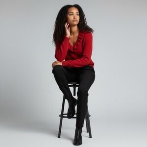 Marina Luna Red Ruffle V Neck Angora and Lambswool Sweater Medium Romantic